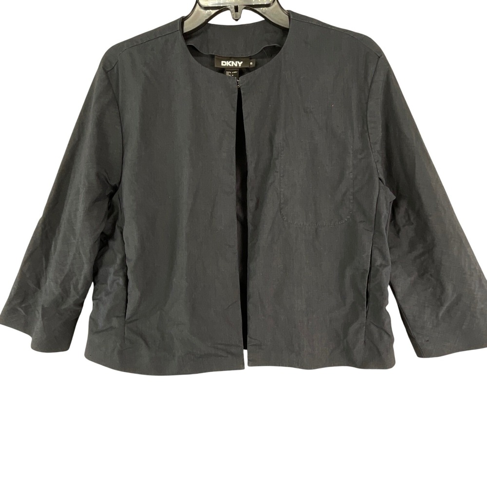 DKNY Jacket Women 8 Black 100% Linen Collarless Open Front Blazer Minimalist
